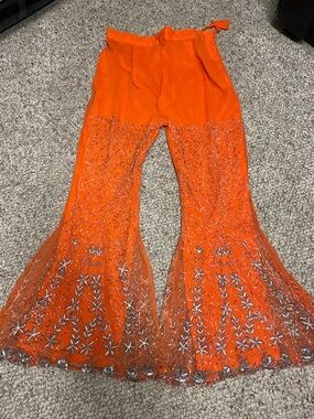 Vintage beaded sequinned super bell bottom Embellished Orange mesh Pants